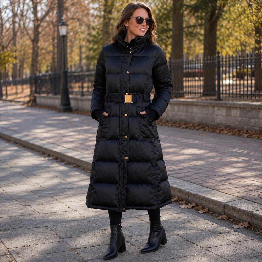 Vintage Y2K Braetan Black Long Trench Puffer Coat Belted Maxi Jacket Womens S